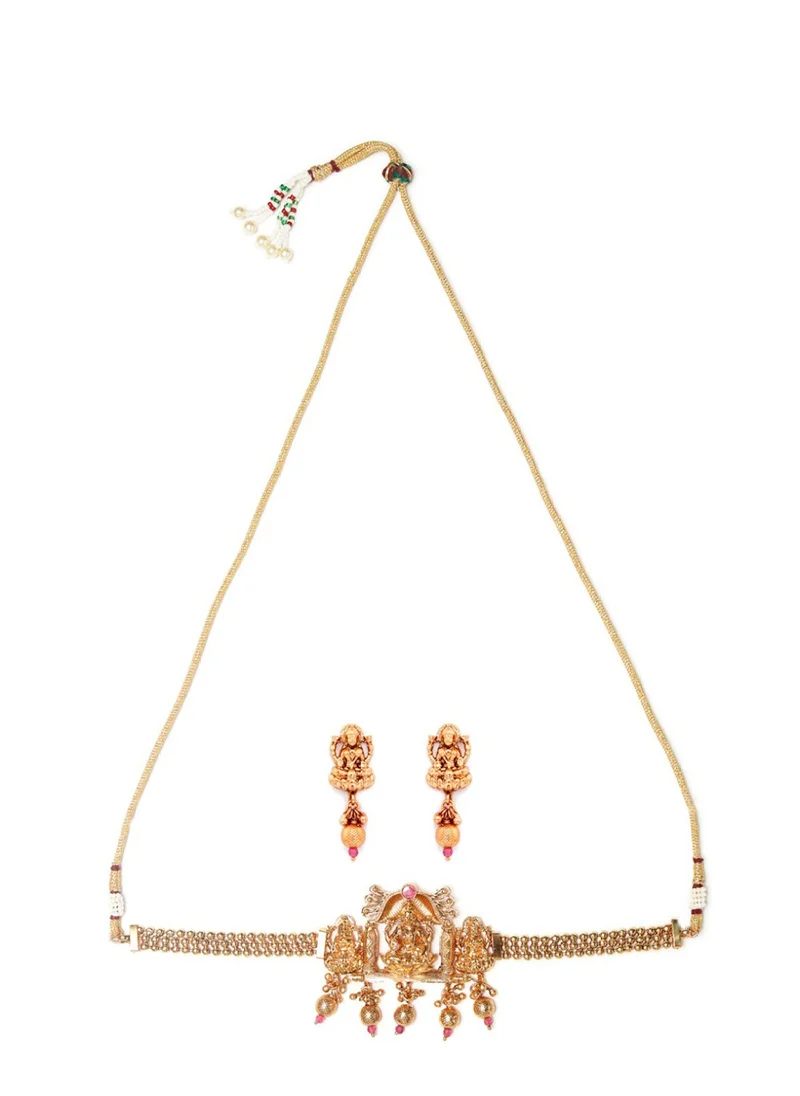 برياسي Pink Stone Studded Temple Jewellery Set