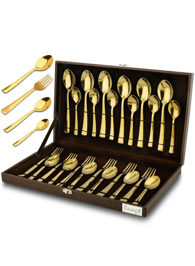 Parage 24 Pieces Premium Stainless Steel Golden Cutlery Set, Home & Kitchen with Gift Box, PVD Gold (6 Pieces Each Table Spoons, Table Forks, Dinner Spoons & Tea Spoons) with Leatherite Box - Image 1