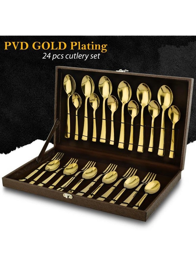 Parage 24 Pieces Premium Stainless Steel Golden Cutlery Set, Home & Kitchen with Gift Box, PVD Gold (6 Pieces Each Table Spoons, Table Forks, Dinner Spoons & Tea Spoons) with Leatherite Box - Image 3