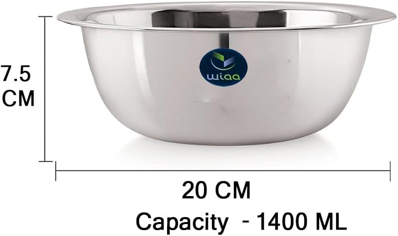 WIAA Stainless Steel Mixing Bowl 1400ml | Food-Grade Steel | Lightweight Round Base Bowl | Stackable, Wide Rim, Multipurpose Kitchen Use (Pack of 2) - Image 2