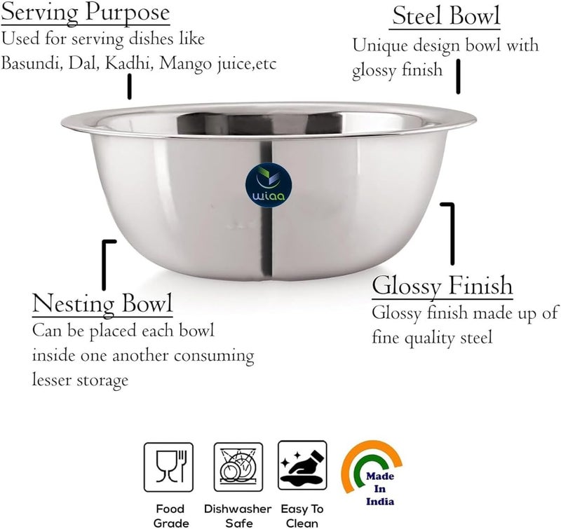 WIAA Stainless Steel Mixing Bowl 1400ml | Food-Grade Steel | Lightweight Round Base Bowl | Stackable, Wide Rim, Multipurpose Kitchen Use (Pack of 2) - Image 5