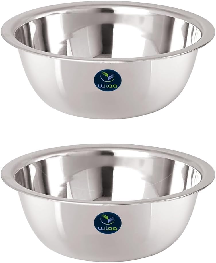 WIAA Stainless Steel Mixing Bowl 1400ml | Food-Grade Steel | Lightweight Round Base Bowl | Stackable, Wide Rim, Multipurpose Kitchen Use (Pack of 2) - Image 1