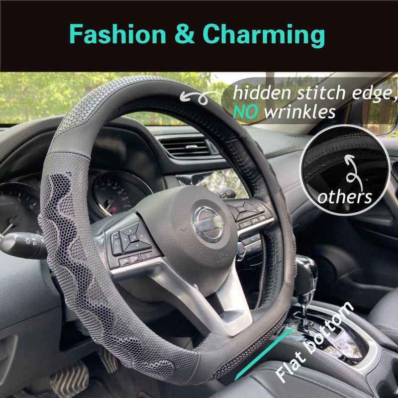 PINCTROT D Shaped 14.5-15 Inch Steering Wheel Cover Great Grip with 3D Honeycomb Anti-Slip Design, Flat Bottom 14.5-15 Inch (All Black) - Image 2