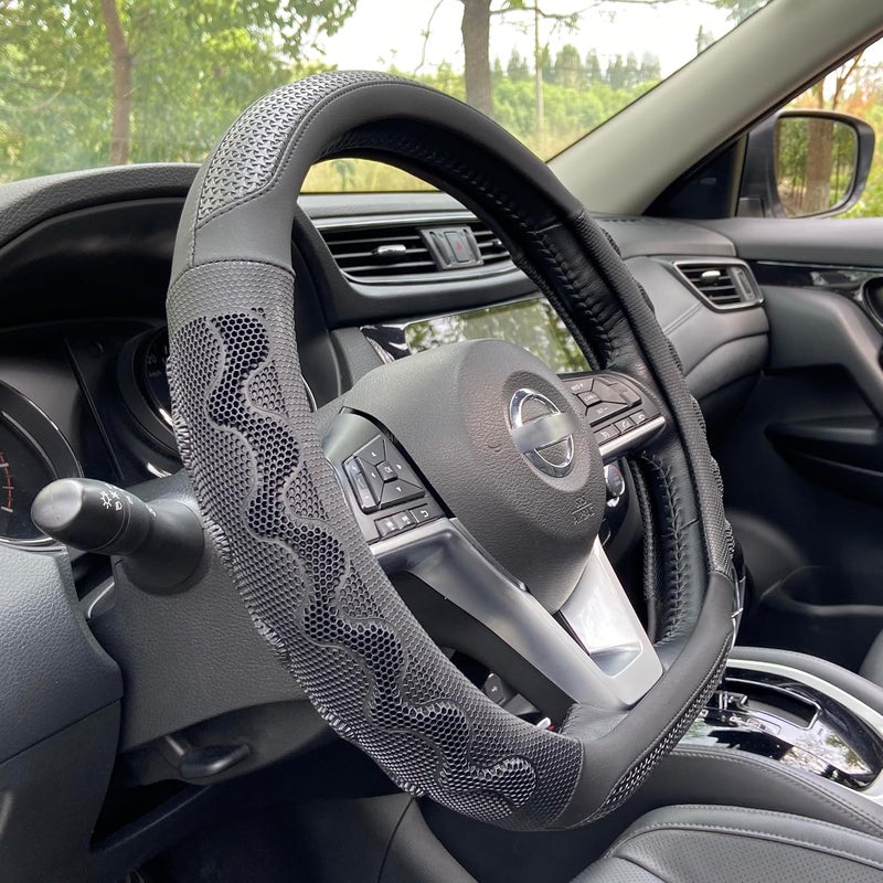 PINCTROT D Shaped 14.5-15 Inch Steering Wheel Cover Great Grip with 3D Honeycomb Anti-Slip Design, Flat Bottom 14.5-15 Inch (All Black) - Image 1
