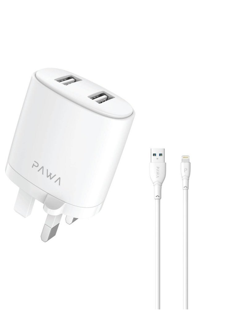 Pawa - Solid Travel Charger Dual USB Port 2.4A With Lightning Cable- White - Image 1