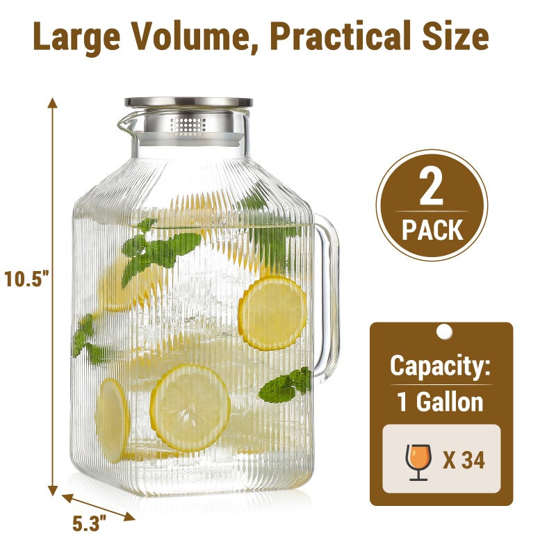 Snuvid 2 Pack 1 Gallon thickened Square Glass Pitcher with Lid, Classic Stripes Water Pitchers for Fridge, Borosilicate Glass Carafe for Hot/Cold Brew Drink, Extra Large Jug with Handle for Iced Tea, Coffee - Image 3