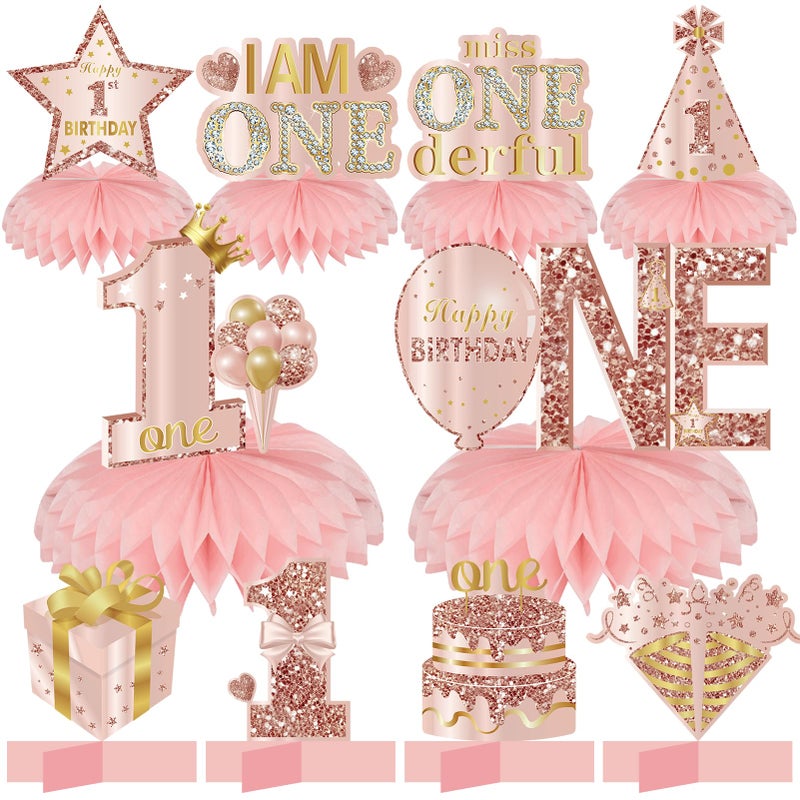 Turypaty 10Pcs 1st Birthday Decorations Honeycomb Centerpieces for Baby Girls Pink Rose Gold Miss Onederful First Birthday Table Centerpieces Party Supplies One Year Old Bday Table Topper Decor