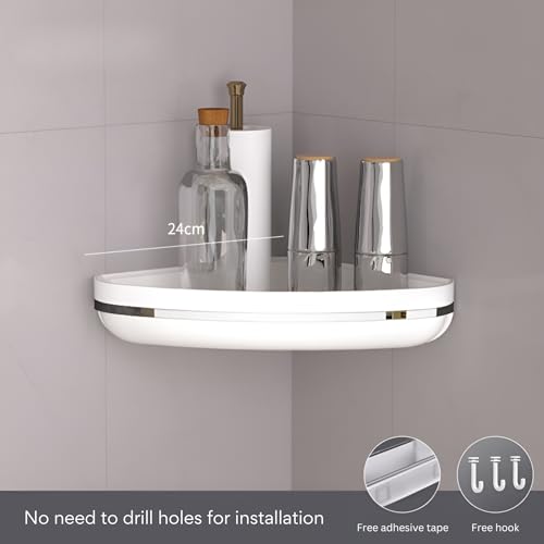 HoopVool Plastic Bathroom Shelf Organizer,Self Adhesive No Drill Shower Shelf Easy Installation, Wall Mounted Shelf, with Towel Napkin Holder with Hook,Used for Bathroom and Kitchen (Corner, White) - Image 2