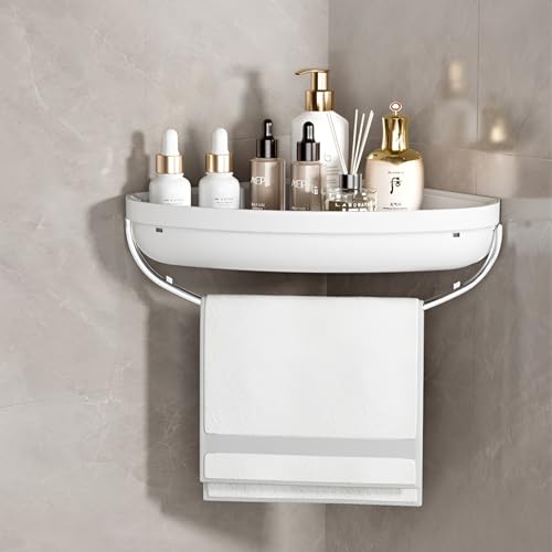 HoopVool Plastic Bathroom Shelf Organizer,Self Adhesive No Drill Shower Shelf Easy Installation, Wall Mounted Shelf, with Towel Napkin Holder with Hook,Used for Bathroom and Kitchen (Corner, White) - Image 1