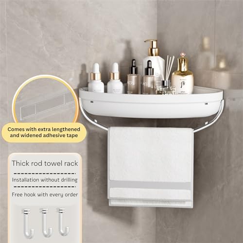 HoopVool Plastic Bathroom Shelf Organizer,Self Adhesive No Drill Shower Shelf Easy Installation, Wall Mounted Shelf, with Towel Napkin Holder with Hook,Used for Bathroom and Kitchen (Corner, White) - Image 3