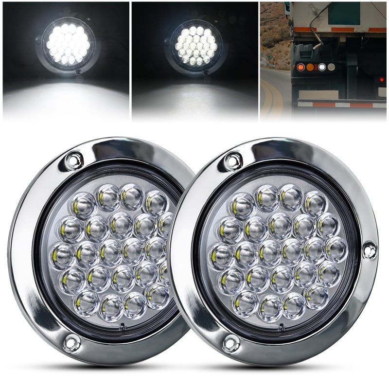 GOOACC 4Inch Round Tail Light 2PCS White 24LED w/Stainless Steel Chrome Bezel Waterproof Reverse Day Running Lights for Truck Trailer RV Lorry Boat Tractor - Image 1