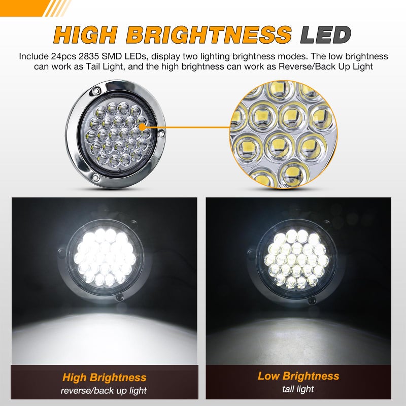 GOOACC 4Inch Round Tail Light 2PCS White 24LED w/Stainless Steel Chrome Bezel Waterproof Reverse Day Running Lights for Truck Trailer RV Lorry Boat Tractor - Image 3