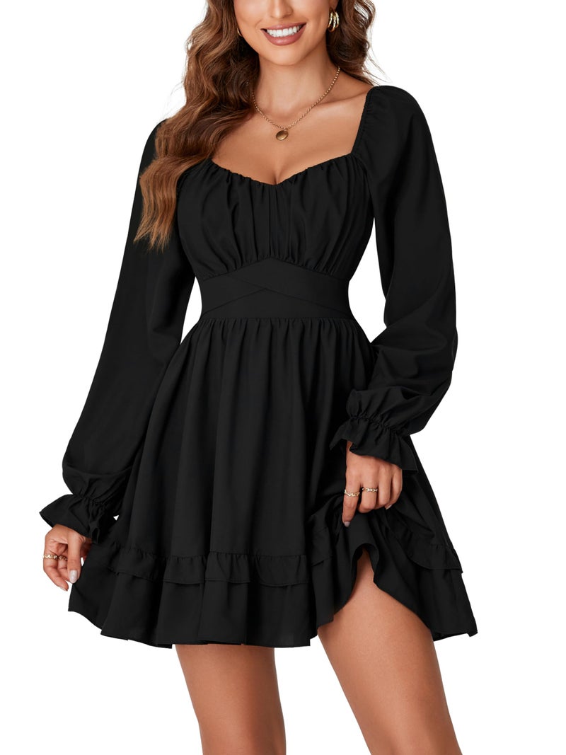 KIFOVEN Women's Lantern Long Sleeve Smocked Wrap Tiered Ruffle Flowy A Line Short Mini Dress Black Medium - Image 1
