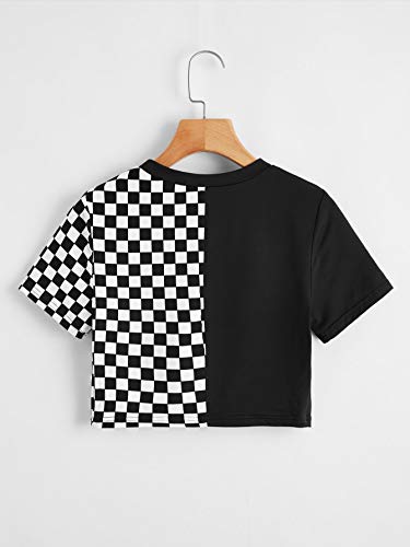 SweatyRocks Women's Short Sleeve Round Neck Plaid Colorblock Tee Shirt Crop Top Black White Large - Image 2