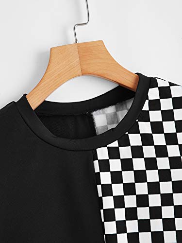 SweatyRocks Women's Short Sleeve Round Neck Plaid Colorblock Tee Shirt Crop Top Black White Large - Image 4