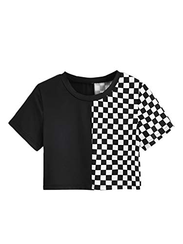 SweatyRocks Women's Short Sleeve Round Neck Plaid Colorblock Tee Shirt Crop Top Black White Large - Image 1