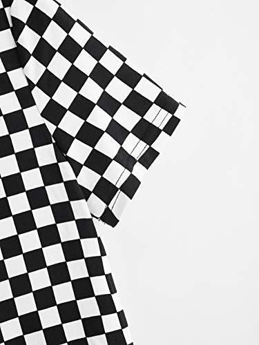 SweatyRocks Women's Short Sleeve Round Neck Plaid Colorblock Tee Shirt Crop Top Black White Large - Image 3