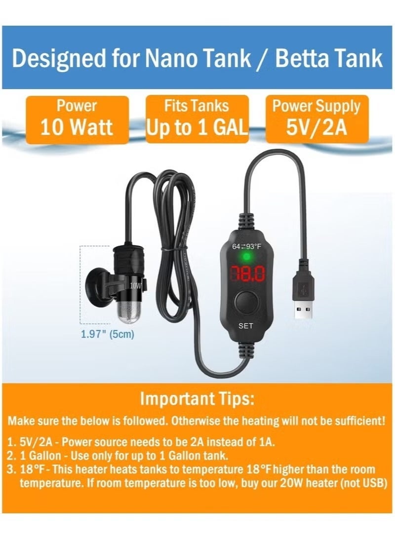 دي إم جي تك قابل للتعديل 10W سخان بيتا ، صغير سخان خزان السمك الغامرس مع جهاز ترموستات الشاشة الرقمية ، مدعوم بواسطة USB ، لحوضات السمك تصل إلى 1 غالون - Image 3