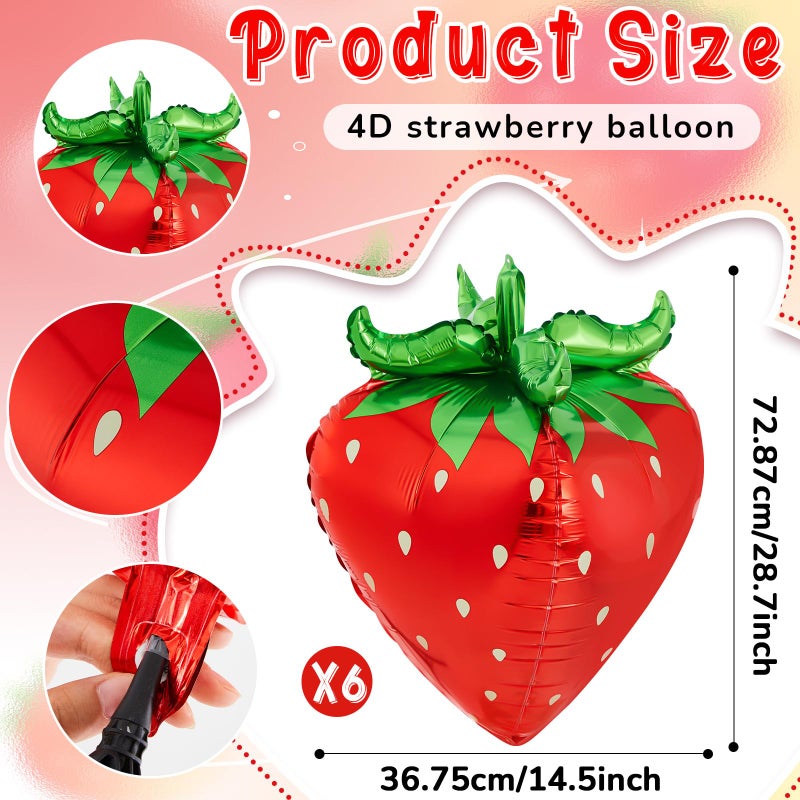 PullCrease 6 Pcs 4d Strawberry Balloons 29 Inch Giant Cute Strawberry Foil Balloons Shortcake Decorations for Sweet Berry Fruit Themed First Birthday Party Decorations Supplies Favors (Red) - Image 2