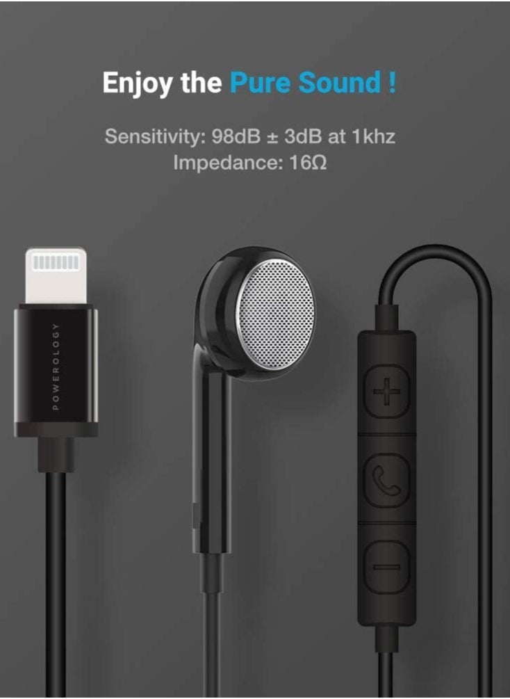 Powerology Mono Earphone with MFi Lightning Connector for Lightning Devices / Multi-Media Keys / Volume Control- Black  - Image 5