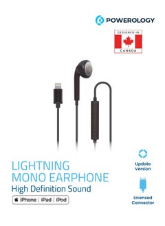 Powerology Mono Earphone with MFi Lightning Connector for Lightning Devices / Multi-Media Keys / Volume Control- Black  - Image 1