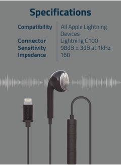 Powerology Mono Earphone with MFi Lightning Connector for Lightning Devices / Multi-Media Keys / Volume Control- Black  - Image 3