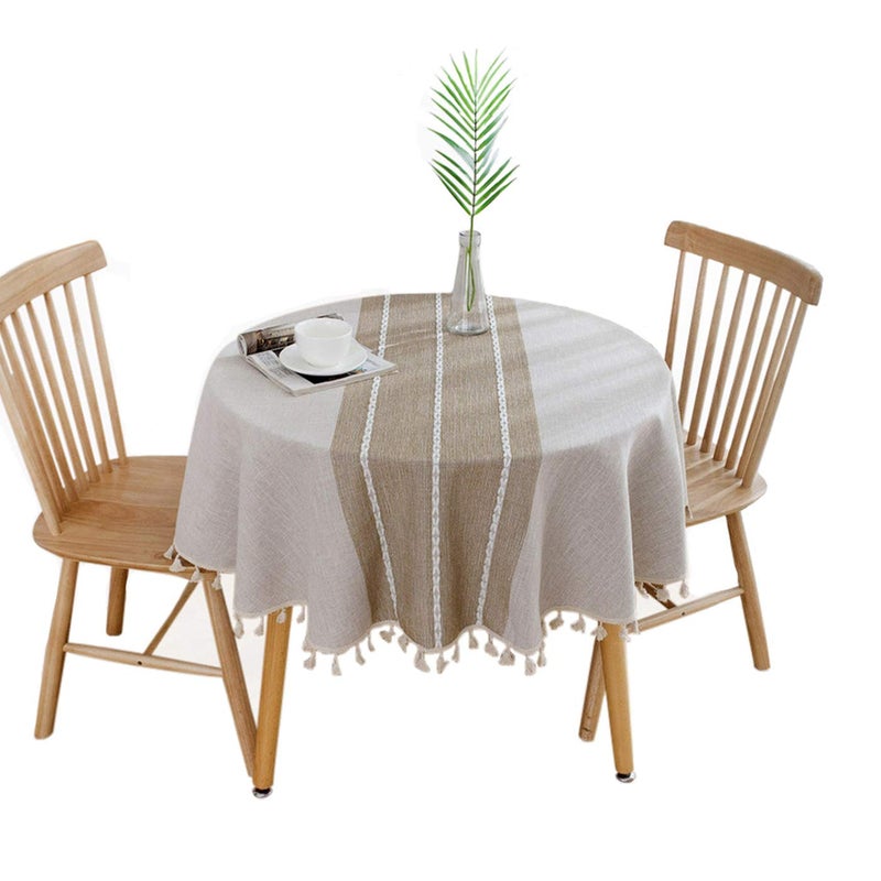 Heavy Weight Cotton Linen Tablecloth Round 60 Inch Tablecloth Tassel Stitching Table Cover for Kitchen Dining Room Tabletop Decoration Beige