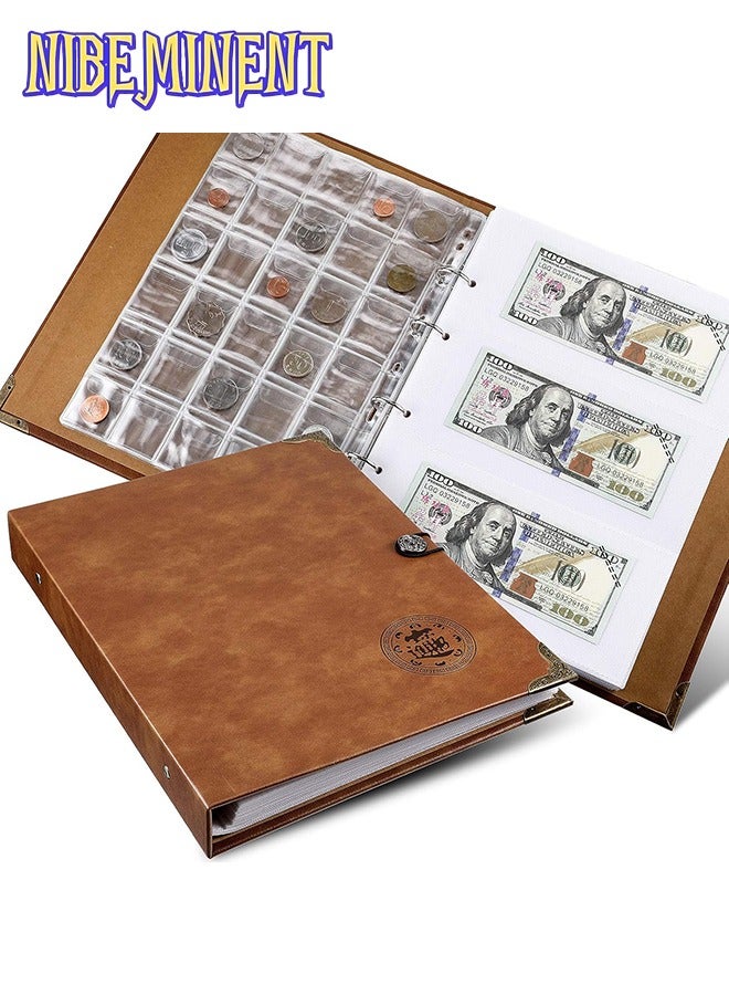 NIBEMINENT Coin Collecting Holder Album with 150 Coin Pockets and 240 Paper Currency Pockets, PU Leather Coins Collection Holder Penny Currency Storage Book (Brown) - Image 1