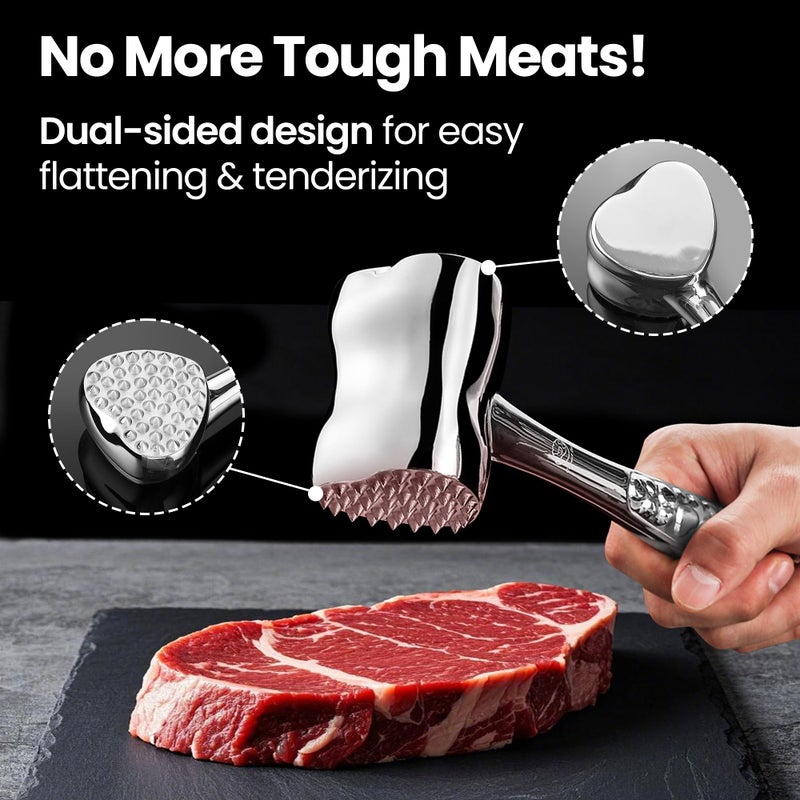 Gourmet Easy Stainless Steel Meat Tenderizer Tool, Premium Meat Mallet with Non-Slip Grip, Dual-Sided with Heart Shape Design for Tenderizing Steak, Poultry & Chicken Cutlet, Dishwasher Safe, Lifetime Replacement - Image 3