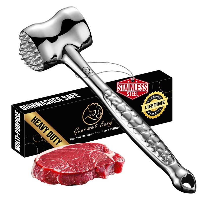 Gourmet Easy Stainless Steel Meat Tenderizer Tool, Premium Meat Mallet with Non-Slip Grip, Dual-Sided with Heart Shape Design for Tenderizing Steak, Poultry & Chicken Cutlet, Dishwasher Safe, Lifetime Replacement - Image 1