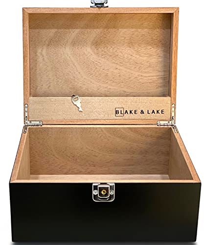 Blake & Lake Black Wooden Storage Box with Hinged Lid and Locking Key- Large Keepsake Box with Lock - Wood Chest with Matte Finish - Store Jewelry Keepsakes Photos Gift Boxes (Black) - Image 1