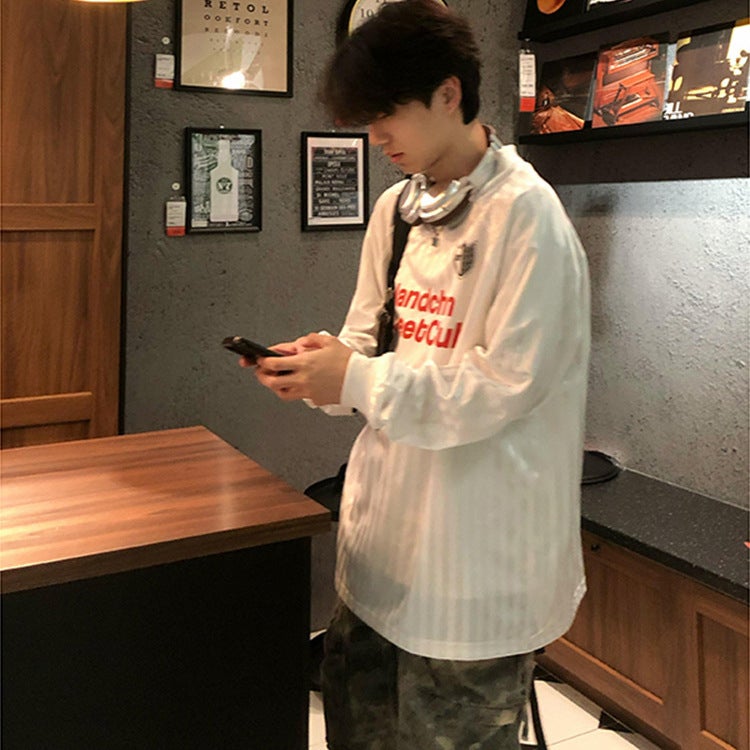 Cleanfit White Ice-Feel Long-Sleeved Quick-Drying T-Shirt Autum American Retro Thin Stripesd Letter Print Jacket - Image 4
