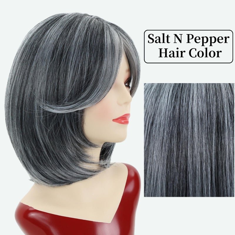 RENERSHOW Short Grey Bob Wig with Curtain Bangs for White Women Chin Length Gray Highlight Wigs Synthetic Natural Look Salt N Pepper Wig - Image 3