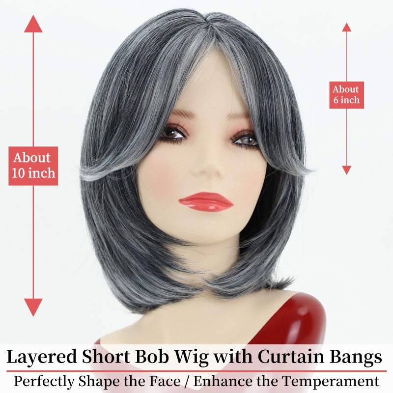 RENERSHOW Short Grey Bob Wig with Curtain Bangs for White Women Chin Length Gray Highlight Wigs Synthetic Natural Look Salt N Pepper Wig - Image 2