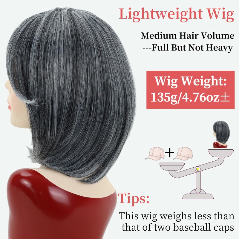 RENERSHOW Short Grey Bob Wig with Curtain Bangs for White Women Chin Length Gray Highlight Wigs Synthetic Natural Look Salt N Pepper Wig - Image 5