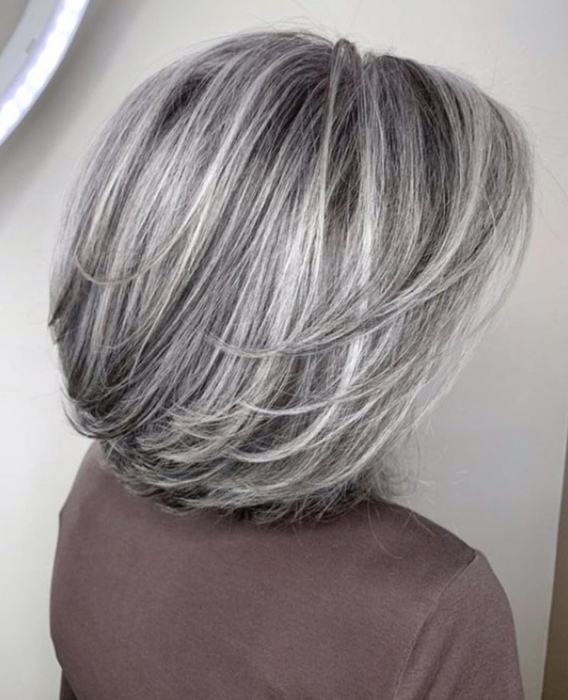 RENERSHOW Short Grey Bob Wig with Curtain Bangs for White Women Chin Length Gray Highlight Wigs Synthetic Natural Look Salt N Pepper Wig - Image 1