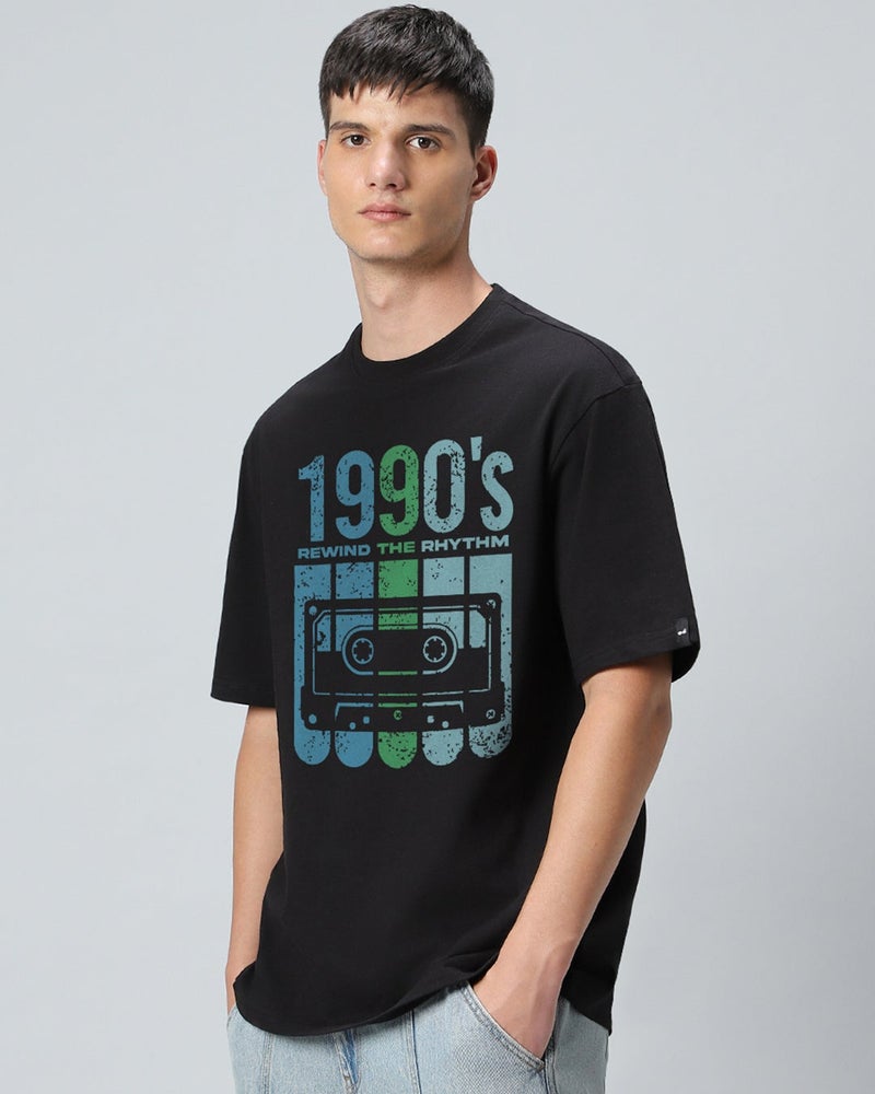 bewakoof Men's Jet Black Rewind The Rythm Graphic Printed Oversized T-shirt - Image 1