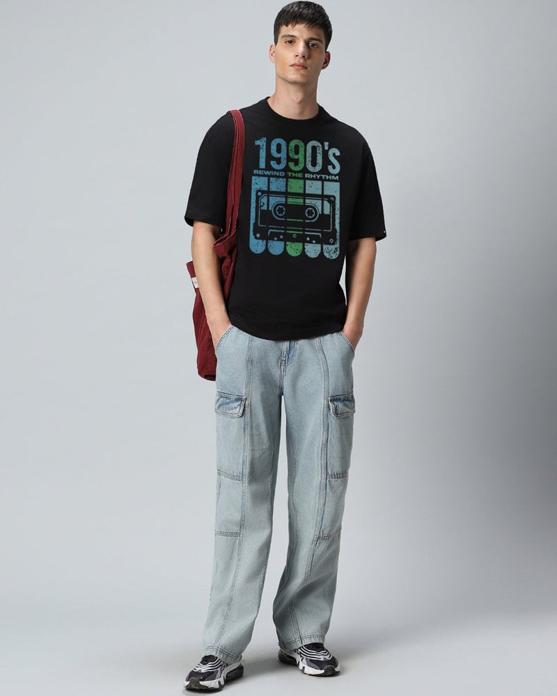 bewakoof Men's Jet Black Rewind The Rythm Graphic Printed Oversized T-shirt - Image 5