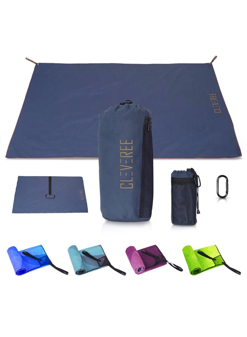 CLEVEREE Beach Towel and Gym Towel Pool Towel Swimming Towel for Men Women Microfiber towel Travel Towel fast drying towel with carry bag Extra Large 150x90 cm and Gym Towel 50X25 Navy Blue  - Image 1