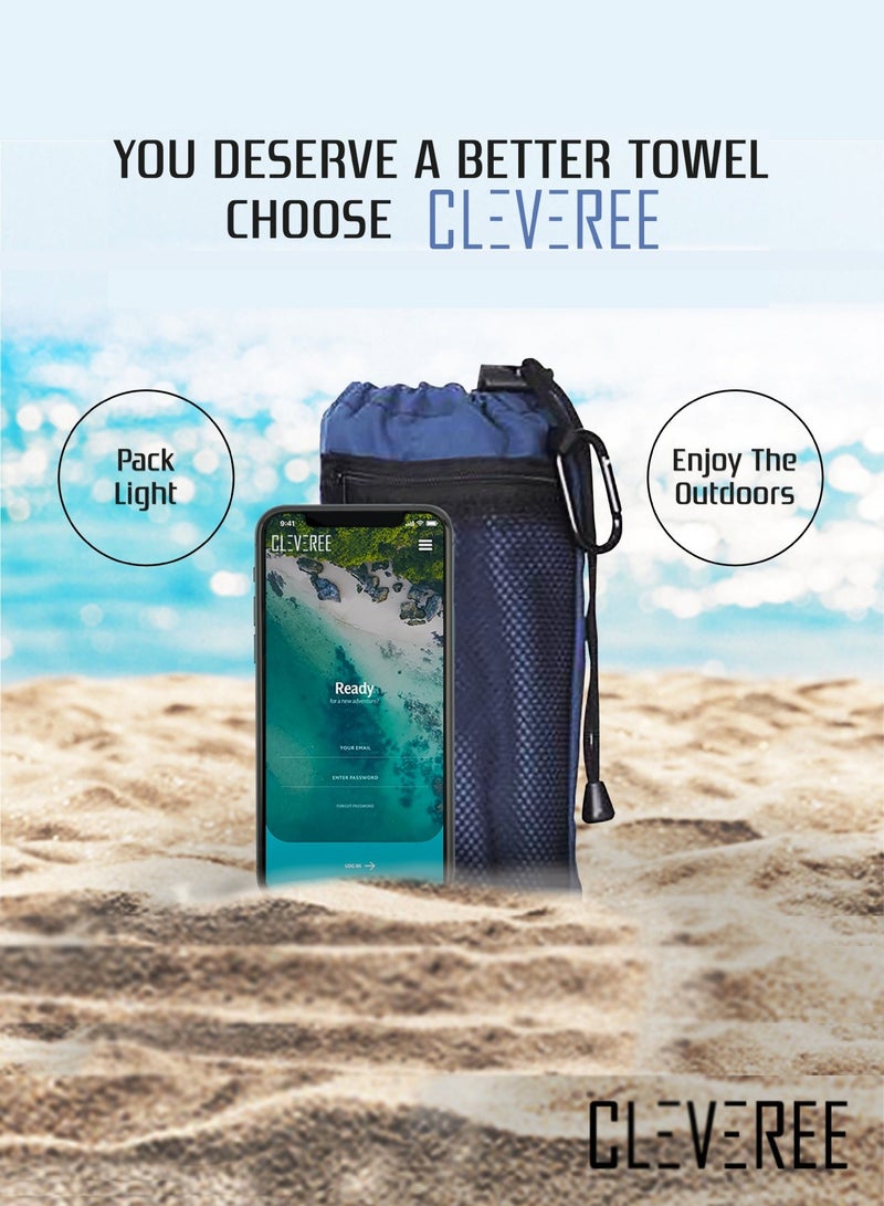 CLEVEREE Beach Towel and Gym Towel Pool Towel Swimming Towel for Men Women Microfiber towel Travel Towel fast drying towel with carry bag Extra Large 150x90 cm and Gym Towel 50X25 Navy Blue  - Image 2