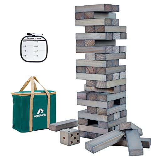 ApudArmis Giant Tumble Tower Stack from 2Ft to Over 42Ft 54 PCS Pine Wooden Stacking Timber Game with 1 Dice Set Classic Block Giant Outdoor Game for Teens Adults Family Gray - Image 1