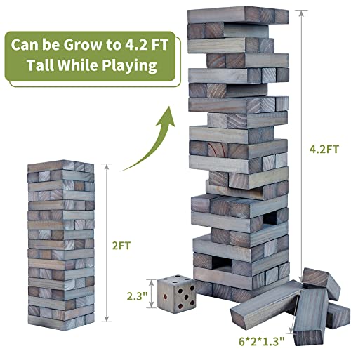 ApudArmis Giant Tumble Tower Stack from 2Ft to Over 42Ft 54 PCS Pine Wooden Stacking Timber Game with 1 Dice Set Classic Block Giant Outdoor Game for Teens Adults Family Gray - Image 5