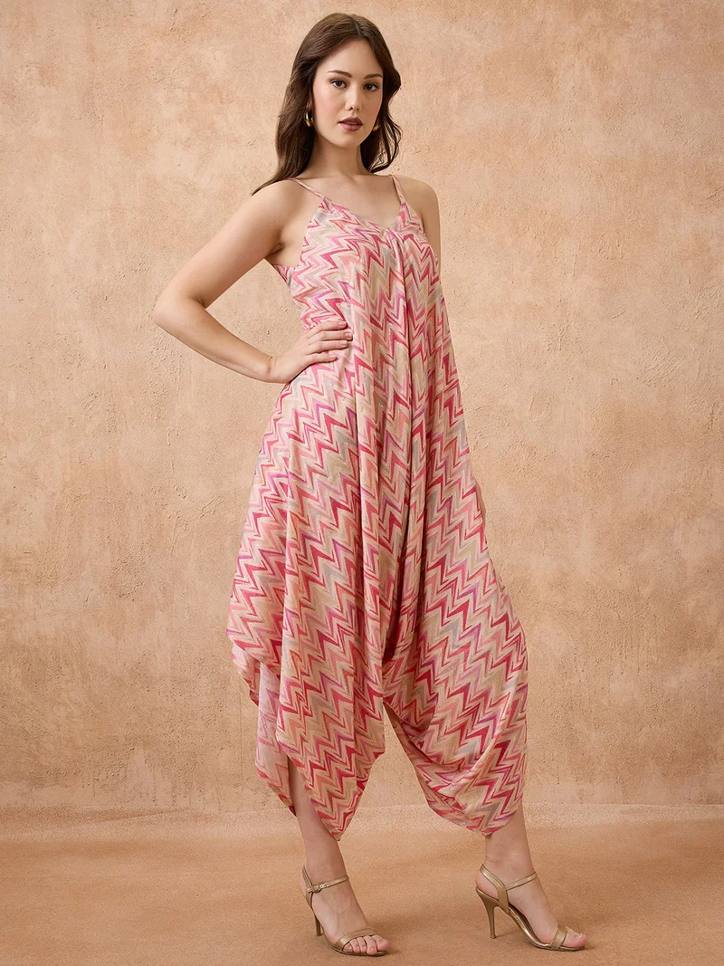 globus Women Abstract Print V-Neck Strappy Shoulder Waist Tie-Ups Harem Style Fusion Jumpsuit