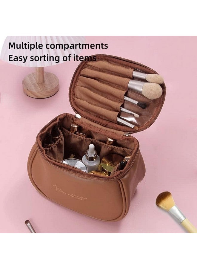 MEBISO Large Capacity Travel Makeup Bag - Portable Leather Cosmetic Organizer with Handle & Dividers for Women & Girls (Brown) - Image 2