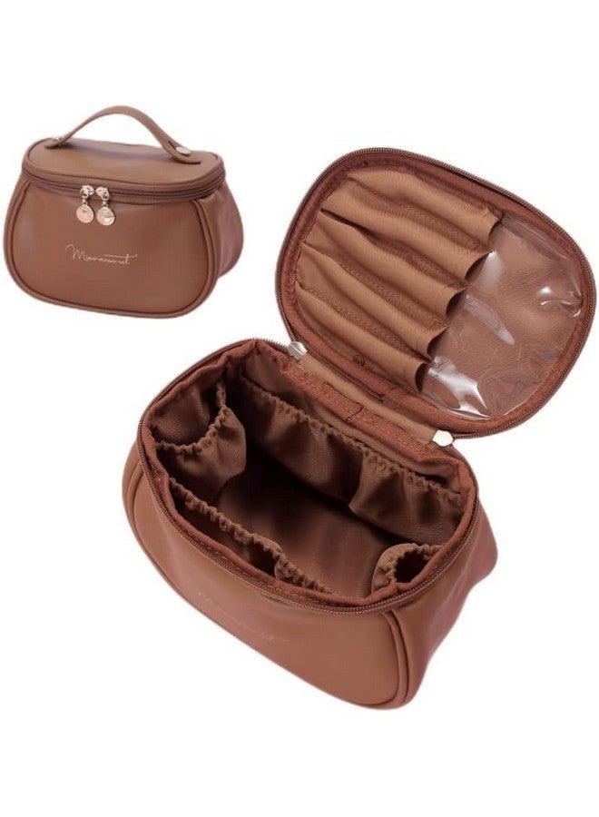 MEBISO Large Capacity Travel Makeup Bag - Portable Leather Cosmetic Organizer with Handle & Dividers for Women & Girls (Brown) - Image 1