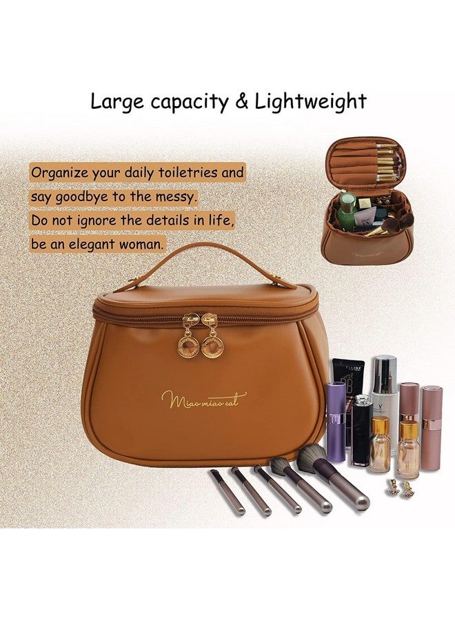 MEBISO Large Capacity Travel Makeup Bag - Portable Leather Cosmetic Organizer with Handle & Dividers for Women & Girls (Brown) - Image 3