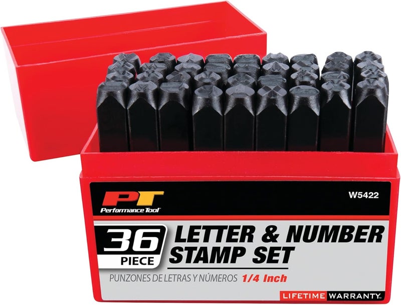 Performance Tool W5422 36-Piece Steel Letter/Number Stamping Set for Identification, Includes 26 Letters A-Z, 9 Numbers 0-8, and Storage Box - Image 1