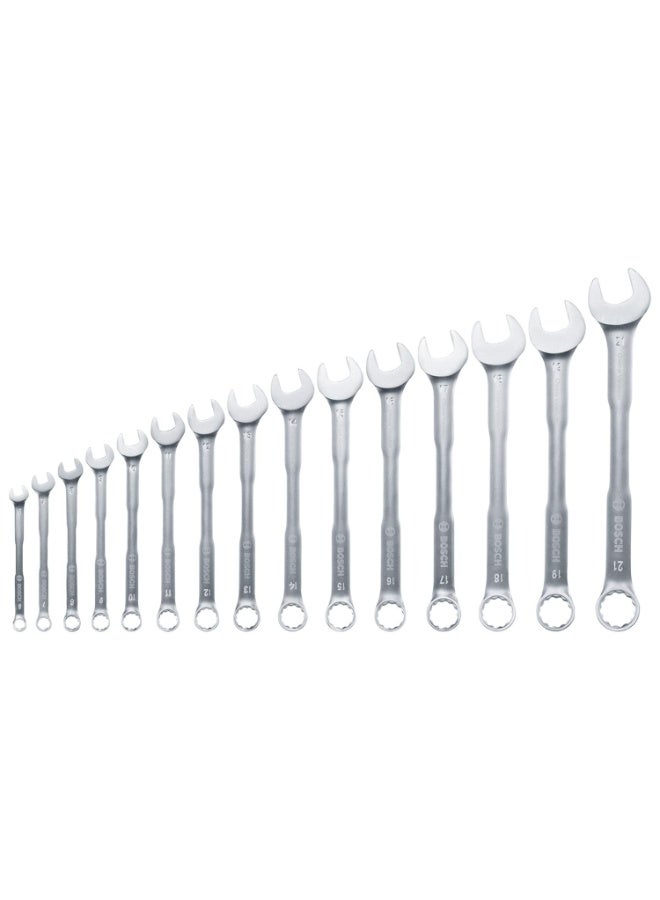 بوش Bosch 15-Piece Combination Wrench Set - Open-End & Ring Spanners, Sizes 6mm to 21mm, Chrome-Vanadium Steel with 60% Higher Torque than ISO Standard - Image 1