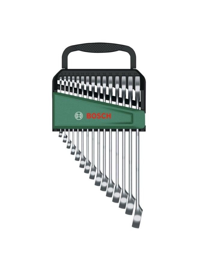 بوش Bosch 15-Piece Combination Wrench Set - Open-End & Ring Spanners, Sizes 6mm to 21mm, Chrome-Vanadium Steel with 60% Higher Torque than ISO Standard - Image 3