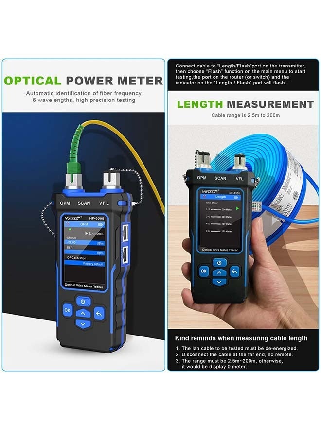 نويافا جهاز اختبار كابل شبكة  مع عداد طاقة بصري VFL، جهاز اختبار كابل حبر إيثرنت CAT5 CAT6، جهاز اختبار شبكة RJ11 RJ45 للهاتف والإيثرنت والفيديو واختبار PoE وتتبع سلك الألياف  - Image 3
